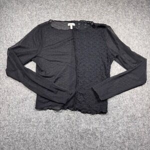 Selfie Mesh Lace Top Women Large Black Mixed Media Long Sleeve Lettuce Trim